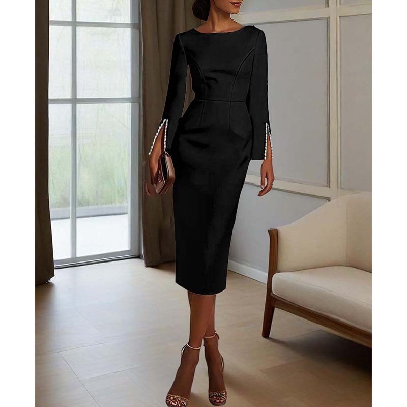 Pearl-Detail Long Sleeve Midi Dress