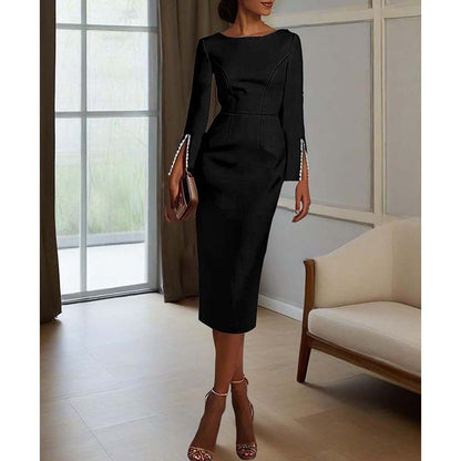 Pearl-Detail Long Sleeve Midi Dress