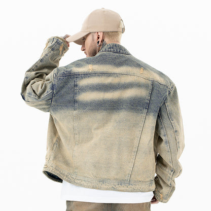 Lanhai men's clothing autumn and winter heavy washing to do old damaged zipper casual retro denim coat trendy men