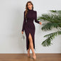 High Neck Ruched Slit Maxi Dress