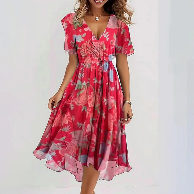 Loose, casual and elegant V-neck floral print dress