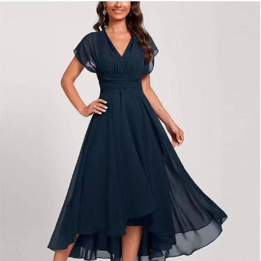 V-Neck Asymmetric Chiffon Dress