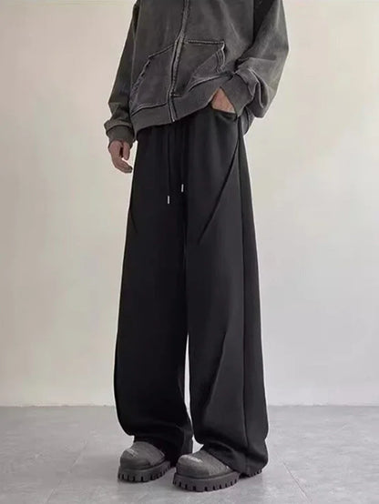 Autumn Men'S High Street Pleated Straight Pants Korean Fashion Elastic Waist Pockets Trousers Y2K Vintage Pantalones Hombre