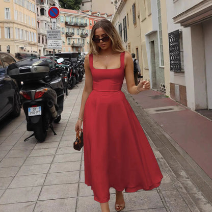 Square-Neck Elegant Midi Dress