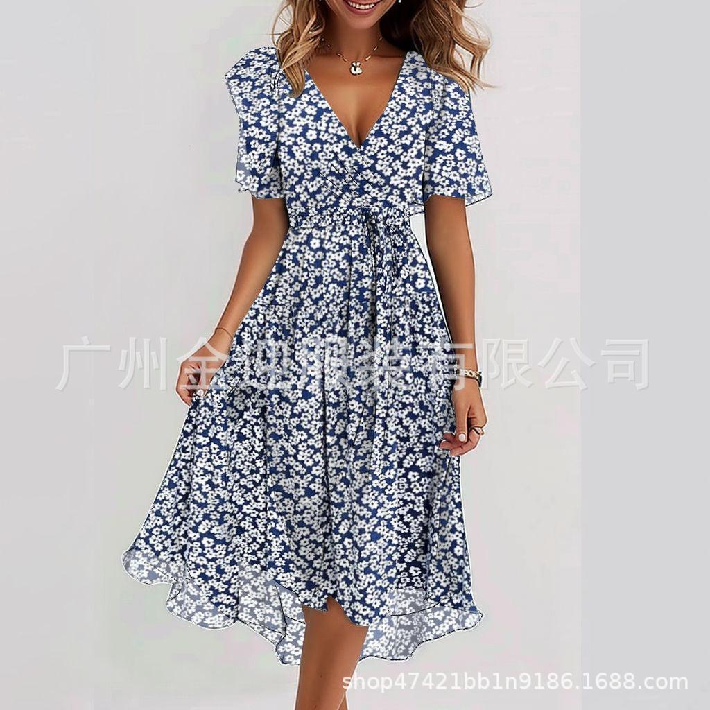 Loose, casual and elegant V-neck floral print dress