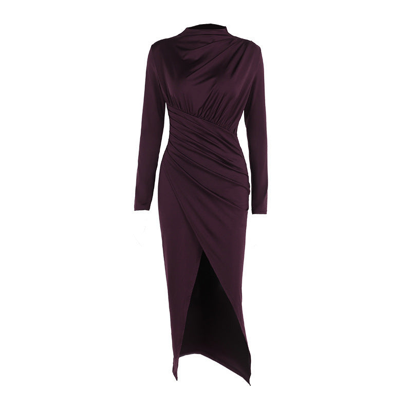 High Neck Ruched Slit Maxi Dress