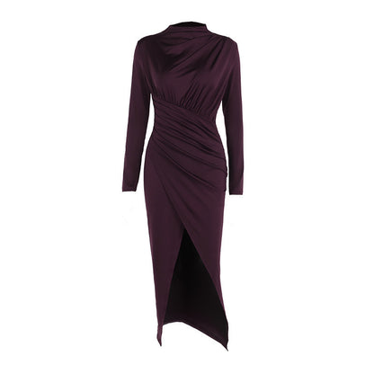 High Neck Ruched Slit Maxi Dress