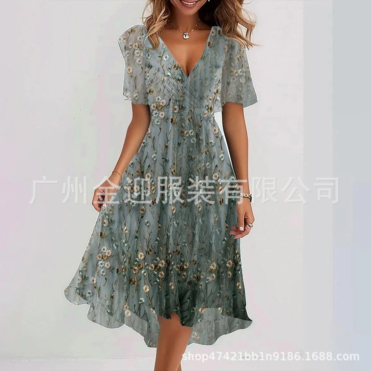 Loose, casual and elegant V-neck floral print dress