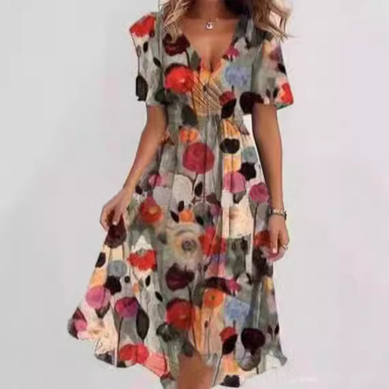 Loose, casual and elegant V-neck floral print dress