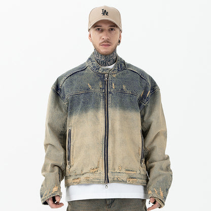 Lanhai men's clothing autumn and winter heavy washing to do old damaged zipper casual retro denim coat trendy men