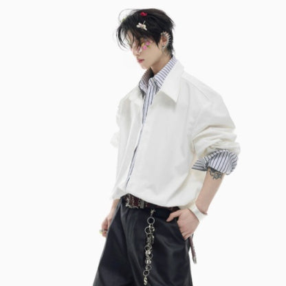 Male Niche Striped Contrasting Patchwork Shirt Top