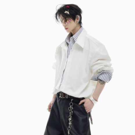 Male Niche Striped Contrasting Patchwork Shirt Top